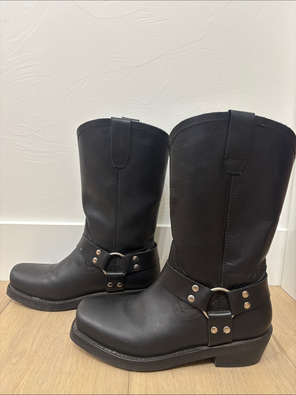 Women's Black Leather Engineering Harness Moto Boots